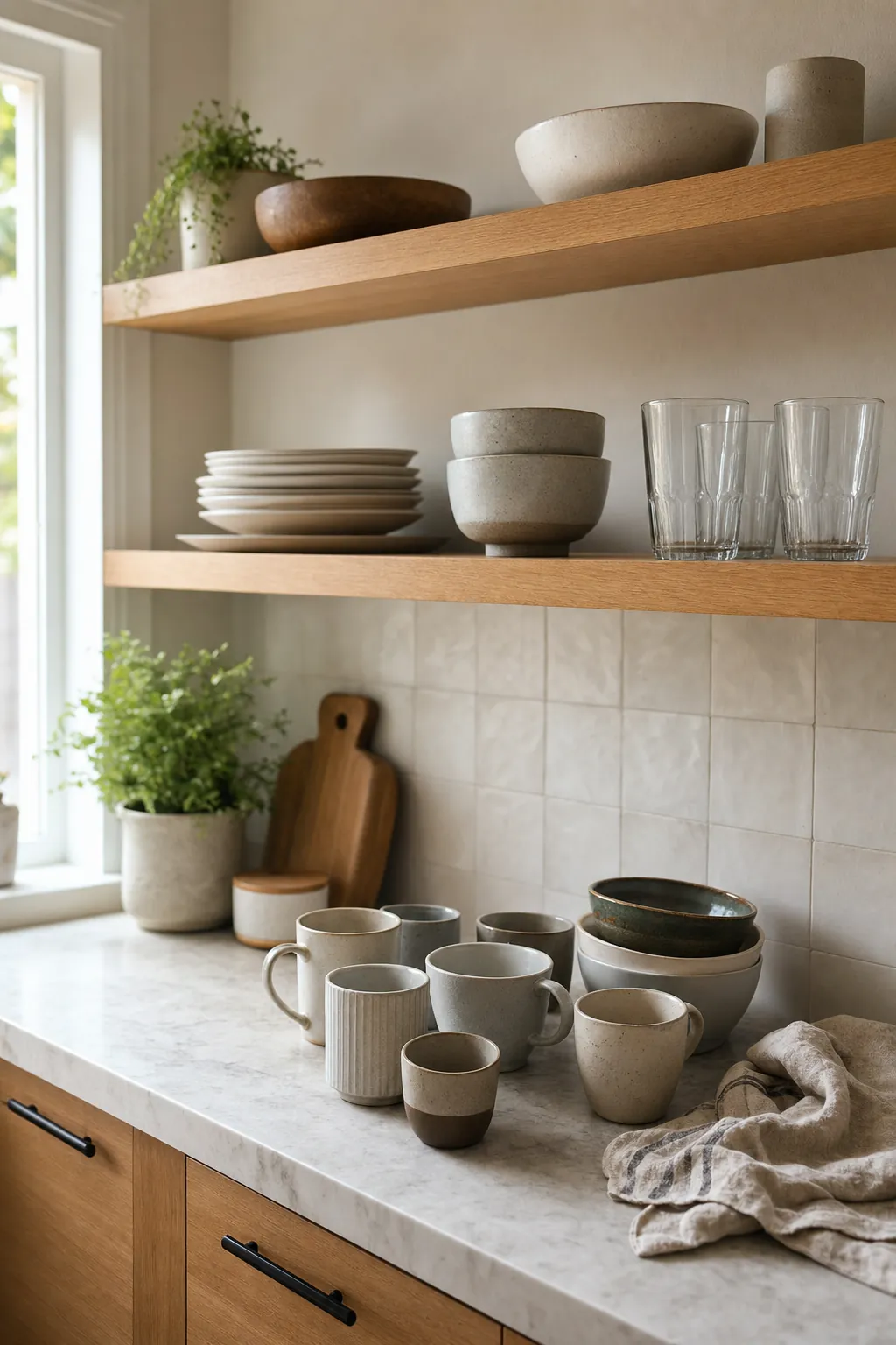 Edited open kitchen shelves with everyday dishes and mugs kept to a restrained amount