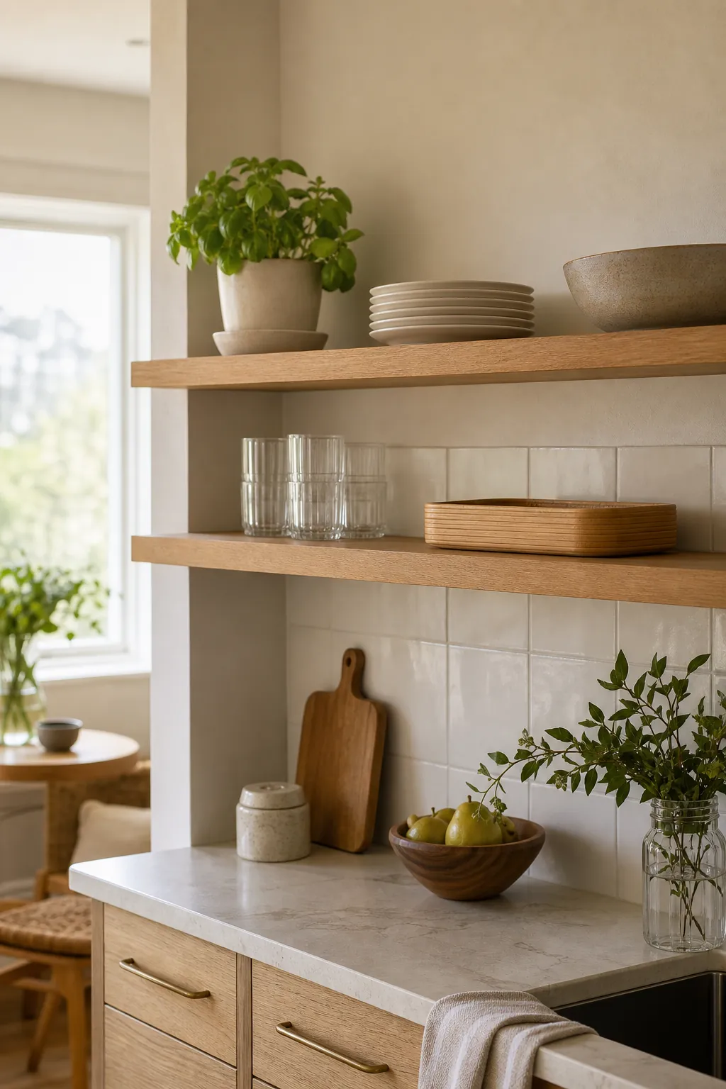 Balanced open kitchen shelves styled with everyday dishes bamboo tray glassware and a small plant