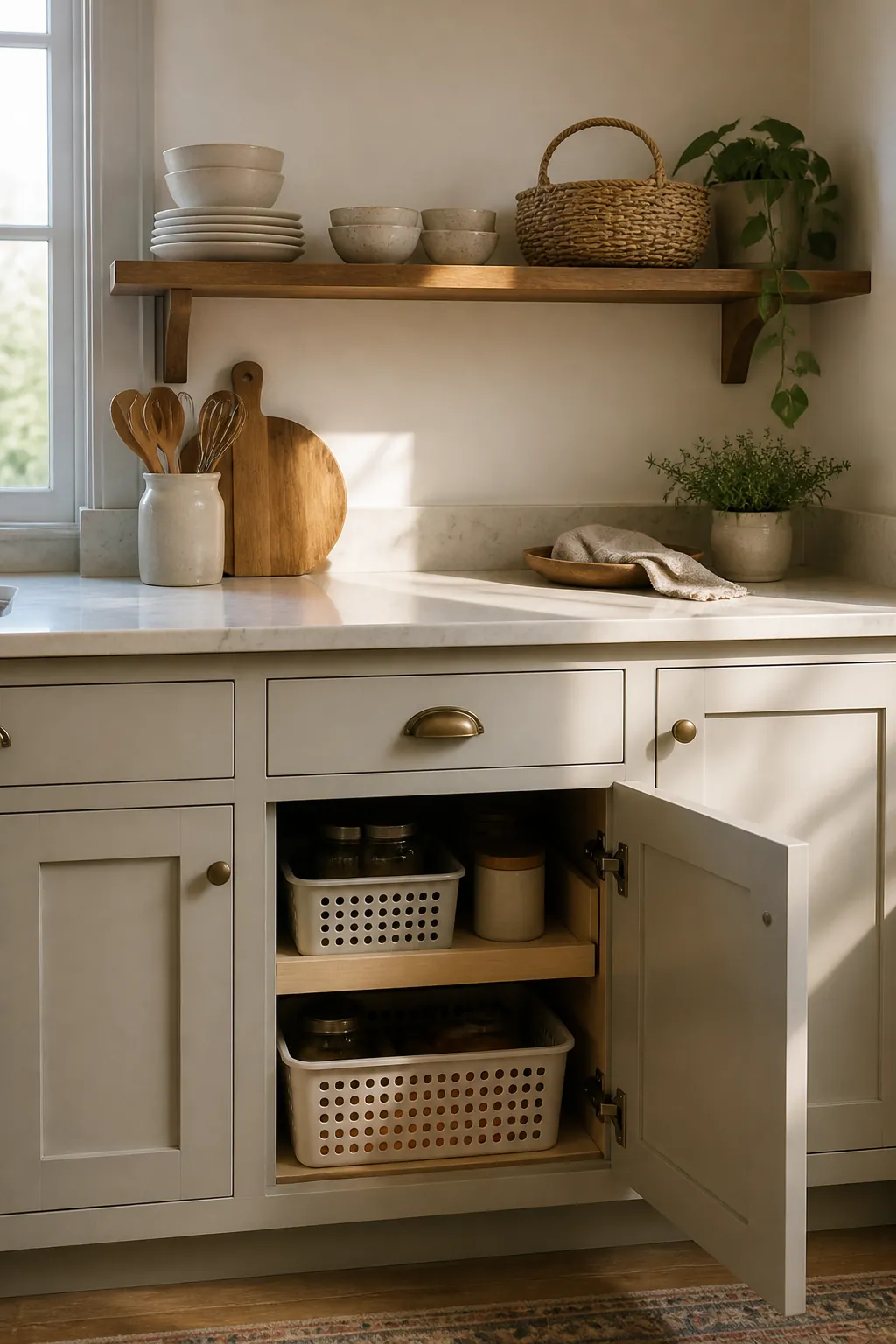 Open kitchen shelves kept light because extra items are organized in closed cabinet storage below
