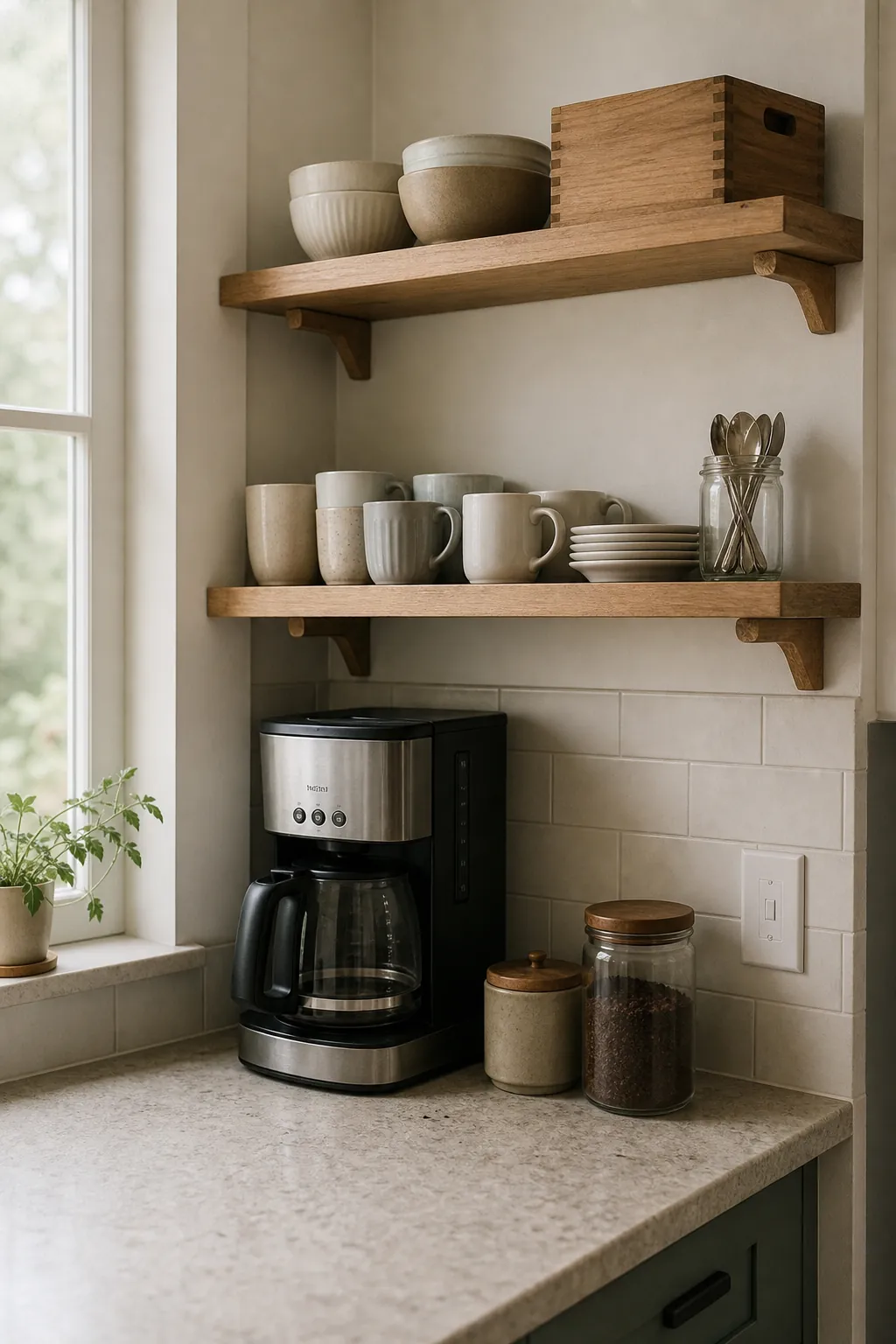 Functional open shelf zone with everyday mugs plates spoons and coffee supplies arranged near the coffee maker