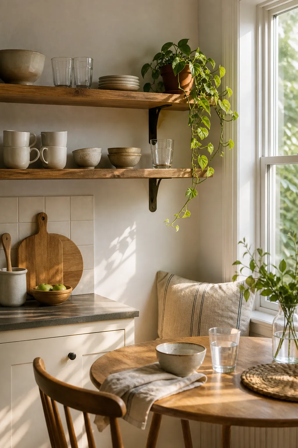 Minimal open shelves near a breakfast nook softened by one trailing kitchen plant