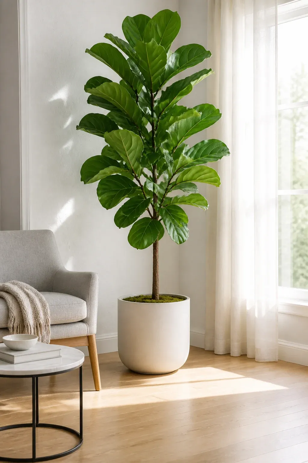 A tall Fiddle Leaf Fig tree stands in a sunlit white living room corner next to a gray chair.