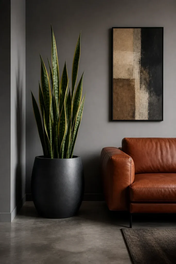 A tall Snake Plant in a matte charcoal ceramic pot stands in a modern gray living room.