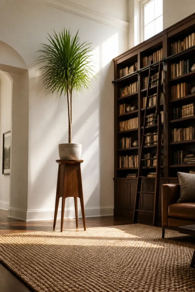 A Dracaena plant on a walnut pedestal stand fills a high-ceilinged corner next to a bookshelf.