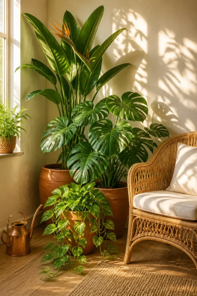 A lush corner with a tall Bird of Paradise, a Monstera, and a trailing Pothos in terracotta pots.