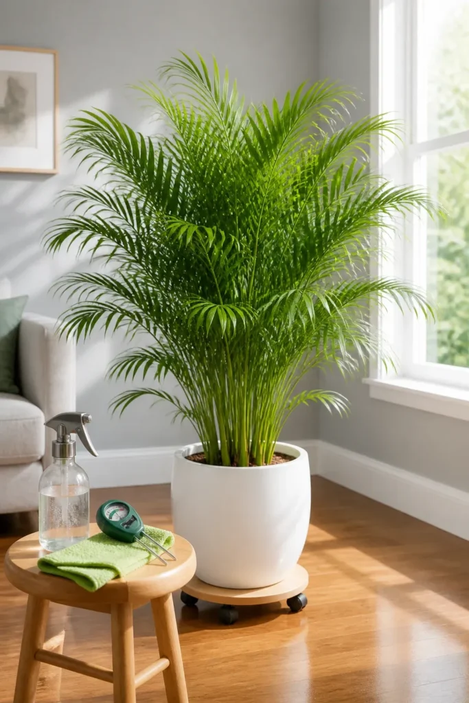 A healthy Parlor Palm in a white pot with plant care tools on a stool nearby.