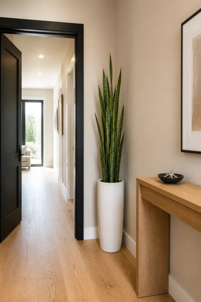 A tall Snake Plant in a slim white pot fits perfectly in a corner next to a doorway.
