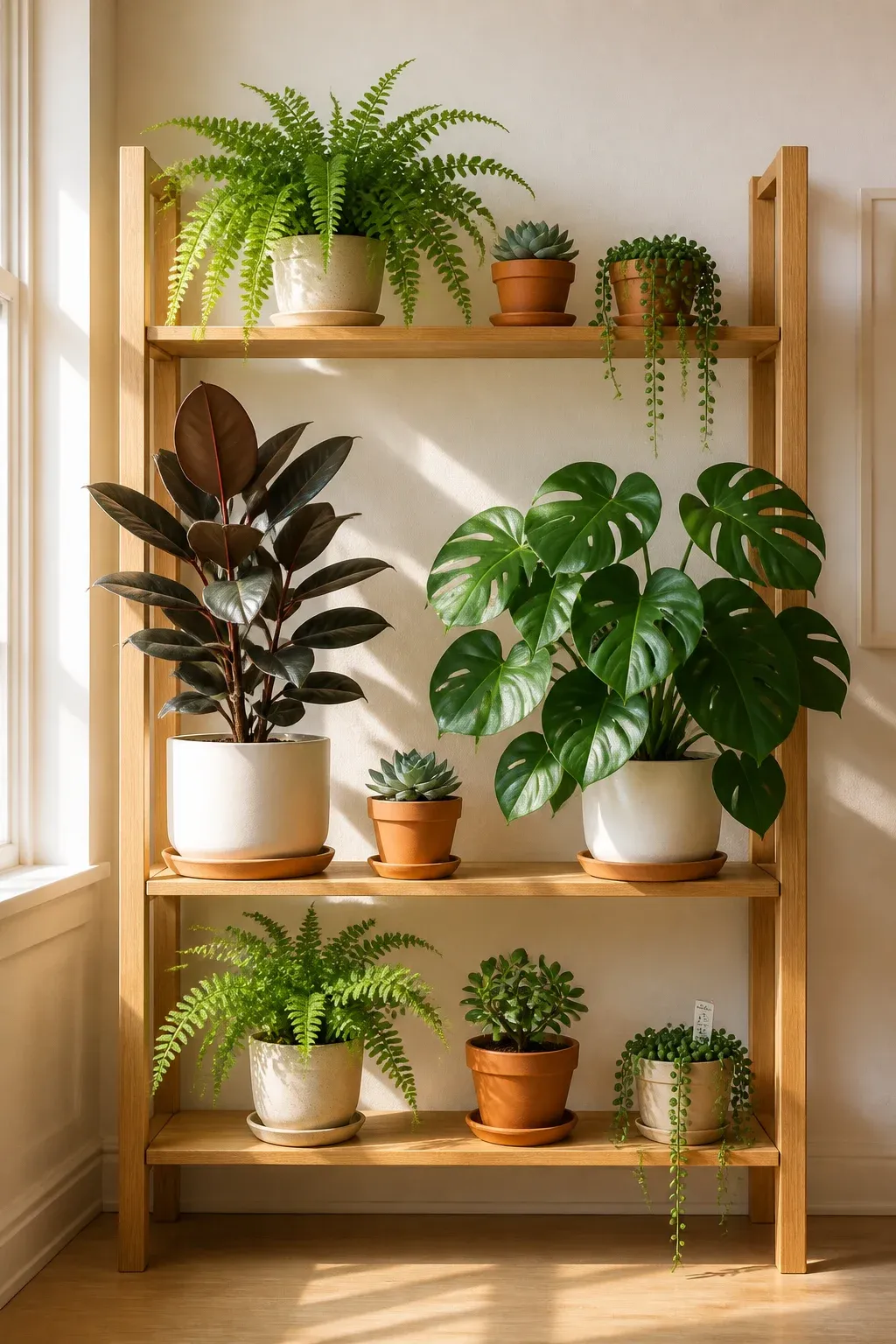 A wooden shelf styled with tall rubber trees on the ends and small ferns and succulents in the center.