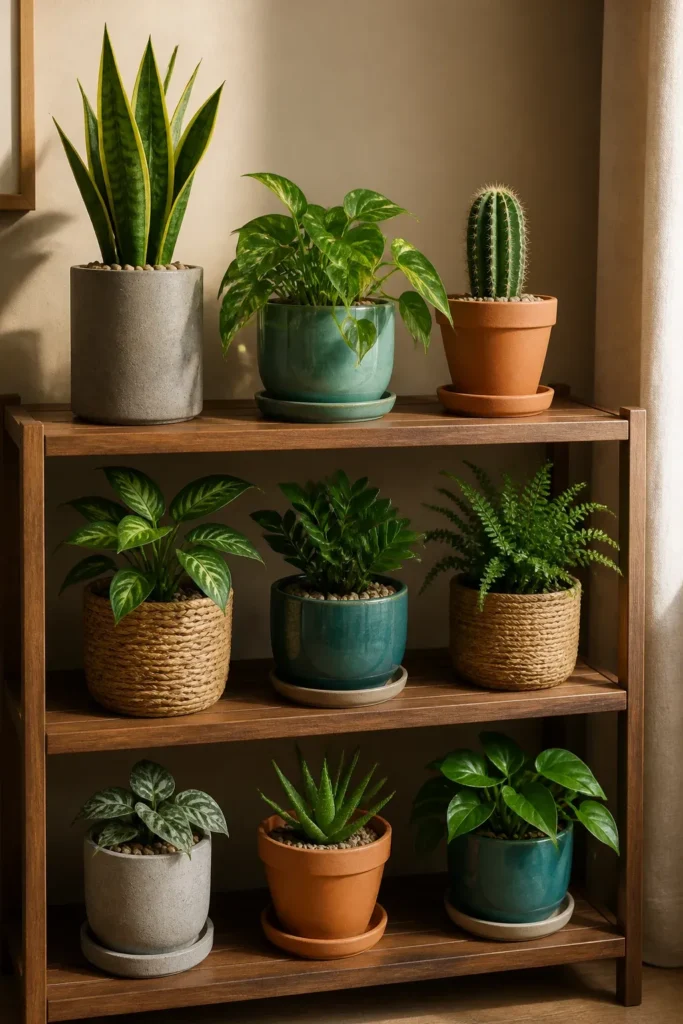 A plant shelf featuring a mix of terracotta, concrete, and glazed ceramic pots in earthy tones.