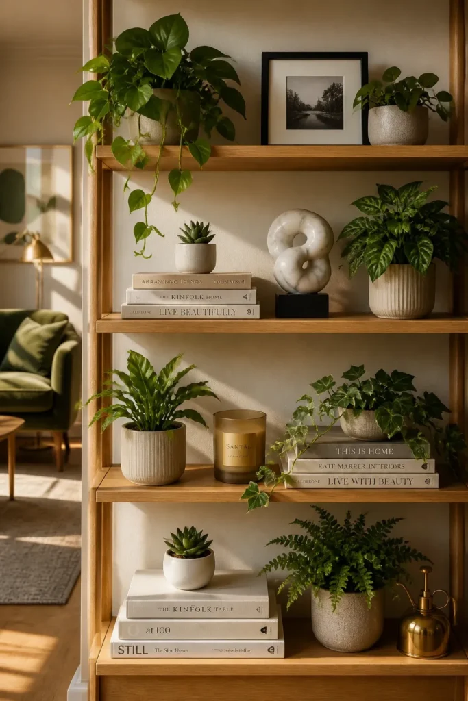 A plant shelf styled with books, a brass candle, and a marble sculpture among various indoor plants.
