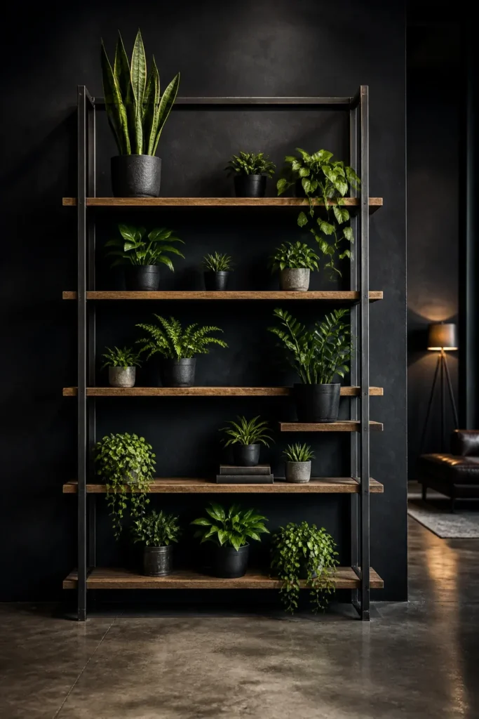 A tall industrial shelf with plants arranged at different heights and depths for visual balance.