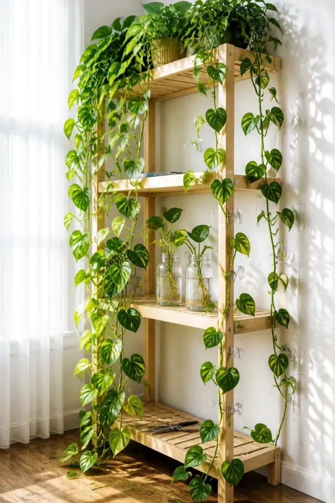 Vining plants cascading down a shelf with clear hooks guiding the growth and propagation jars nearby.