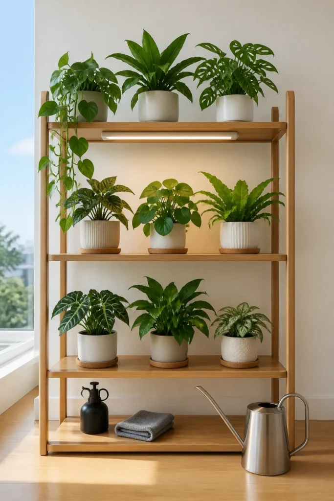 A clean plant shelf with healthy green plants in pots with saucers and a small grow light.