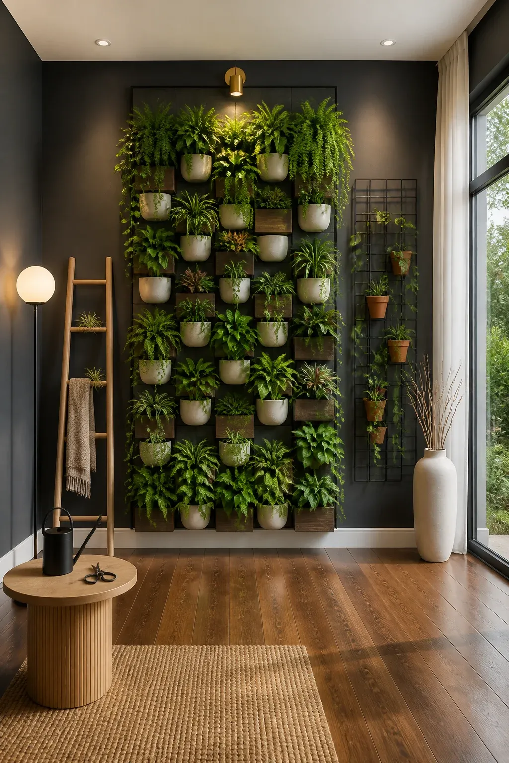 A floor-to-ceiling vertical plant wall with modular wooden pockets in a modern room.