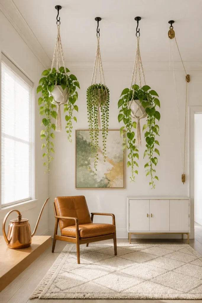 Several plants in macramé hangers dangling from a white ceiling over a leather chair.