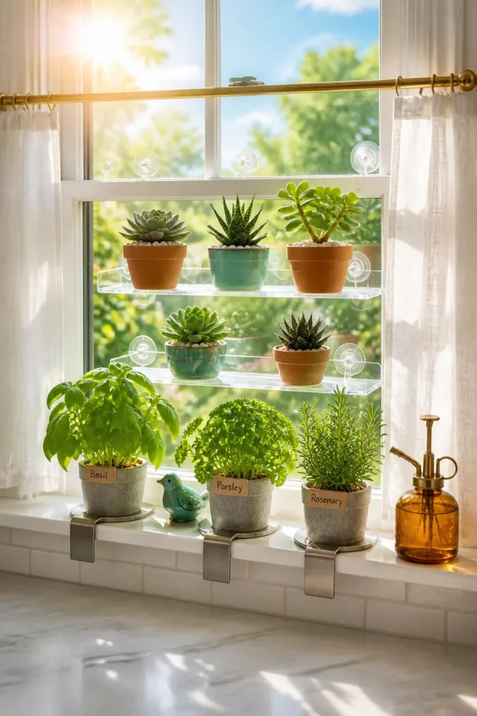 A sunny window featuring suction-cup shelves and herb pots on an extended sill.