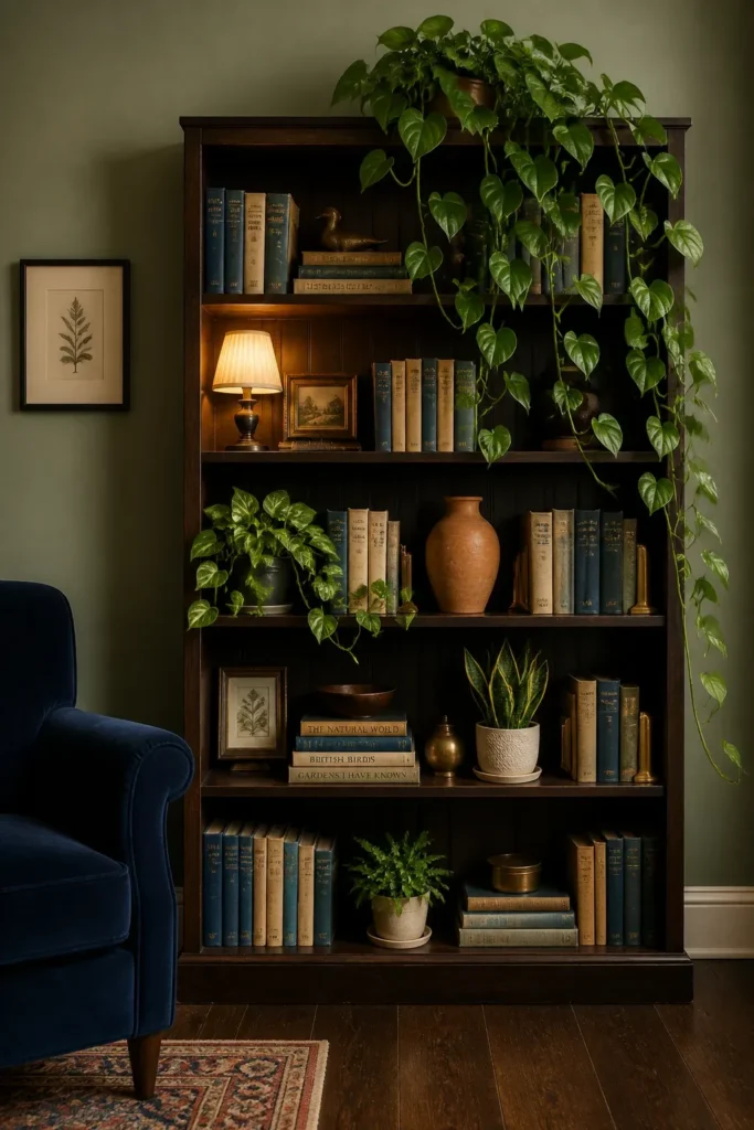 A dark wood bookshelf filled with books and trailing plants like Pothos and Philodendron.