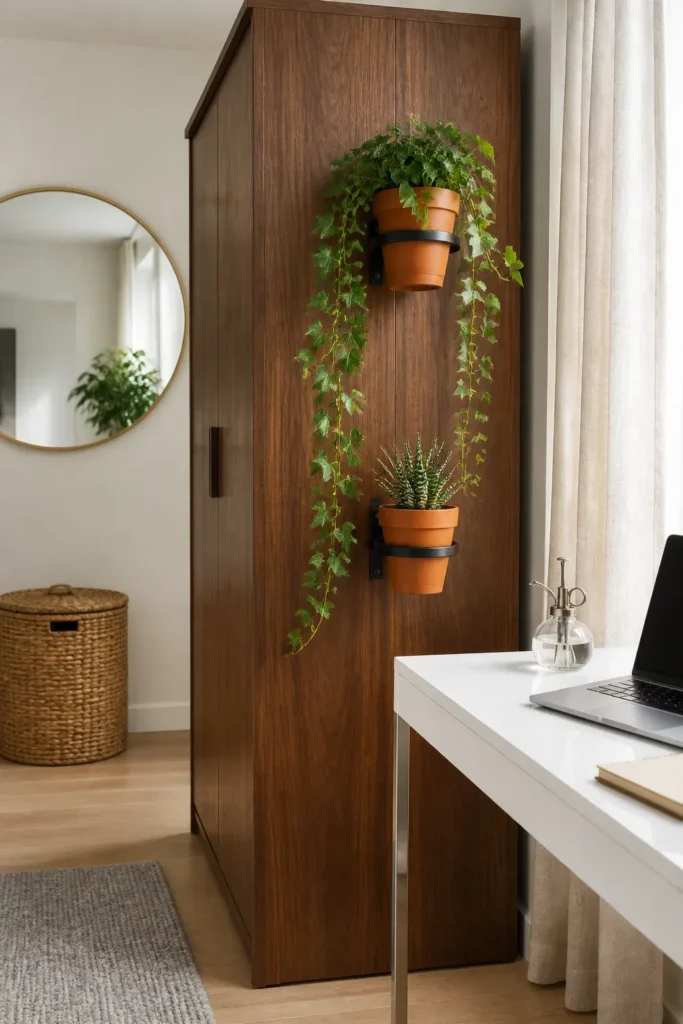 Black metal ring holders mounted to the side of a wooden wardrobe holding terracotta pots.