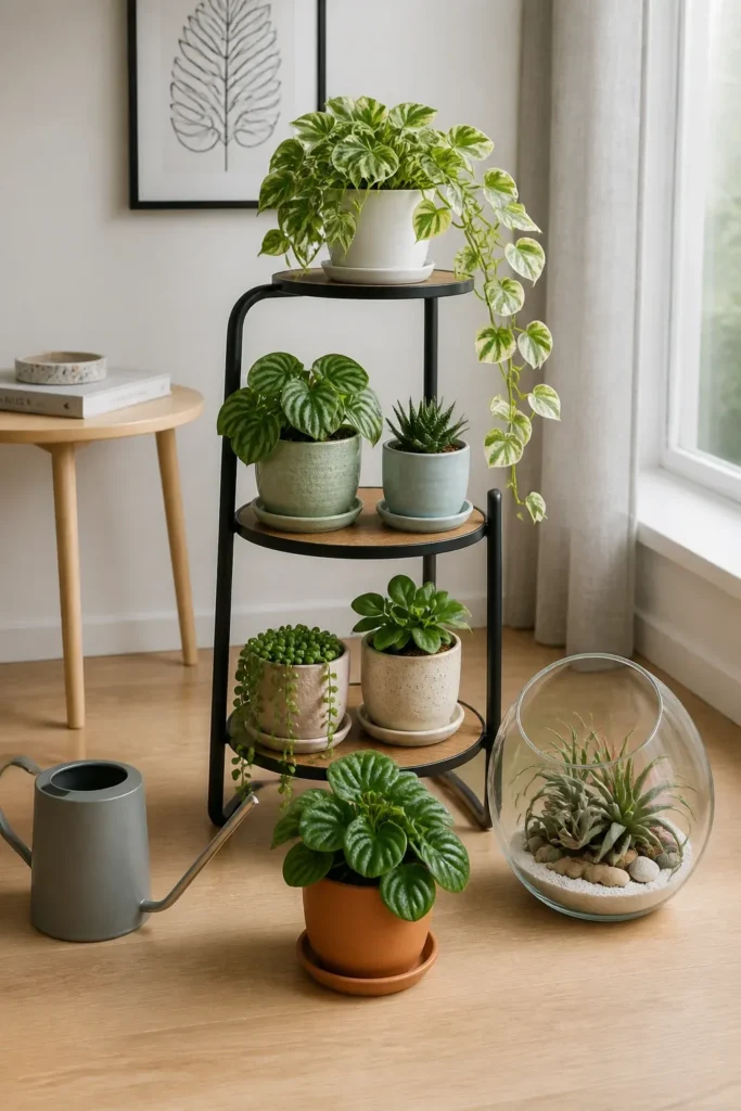 A tiered stand holding compact plants like Peperomia and trailing String of Pearls.