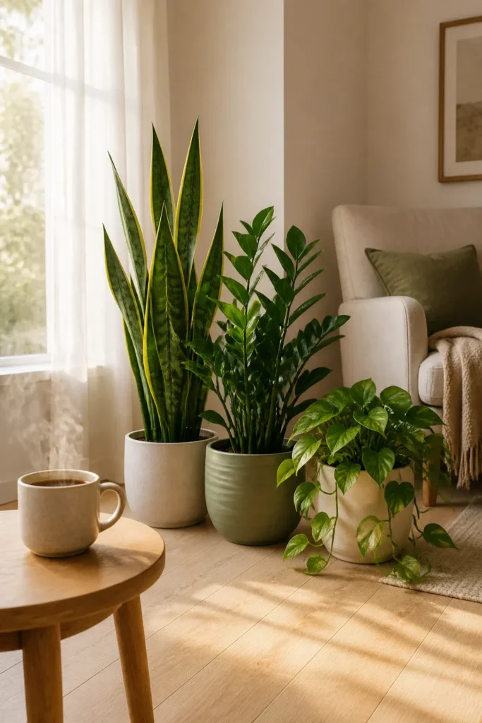 A peaceful morning corner with a Snake plant, ZZ plant, and Pothos near a steaming tea mug.