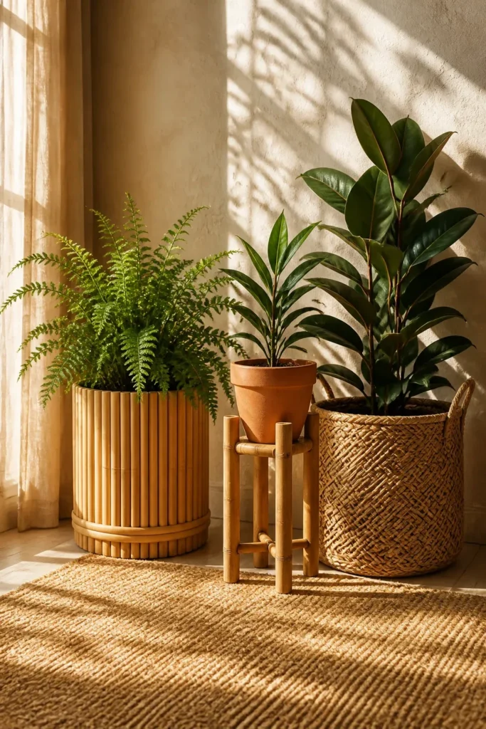 Houseplants in bamboo and rattan planters arranged in a sunlit, warm-toned room.
