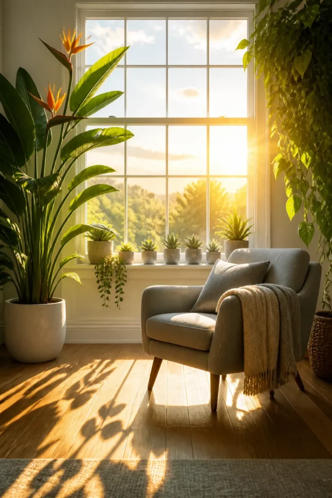 A sun-drenched room with plants framing a window and a cozy chair in the foreground.