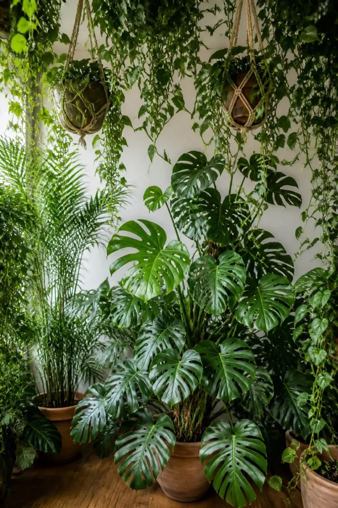 A lush indoor space filled with tall Monstera plants and hanging vines at various heights.