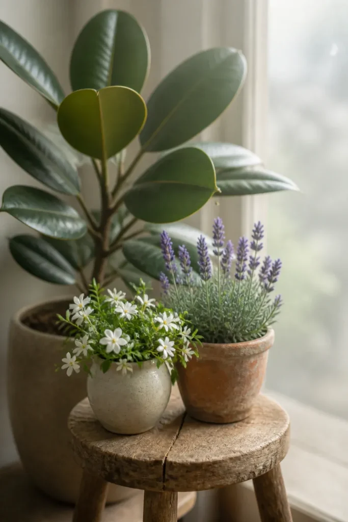 Rounded leaf plants and fragrant lavender arranged on a wooden stool in misty morning light.