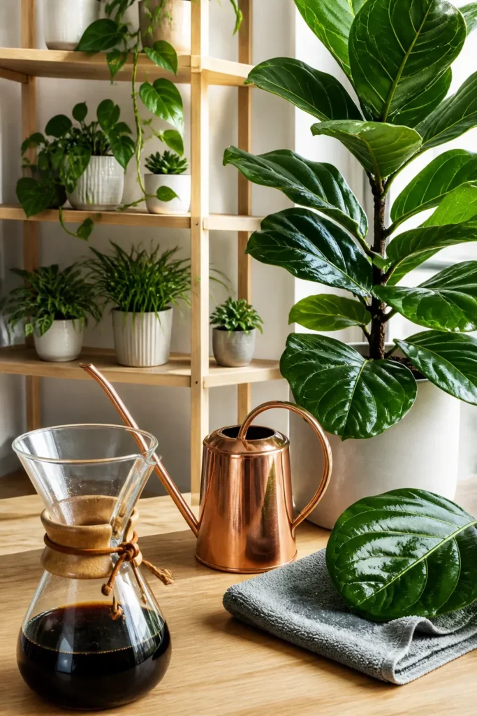A copper watering can and coffee carafe next to healthy houseplants on a wooden shelf.
