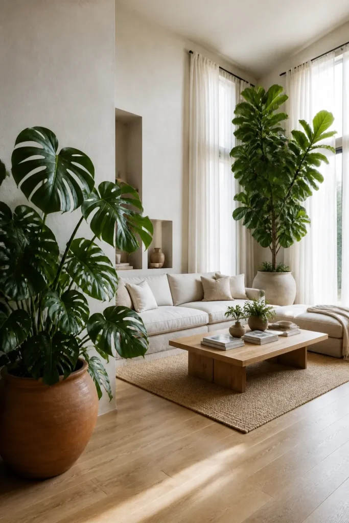 A cozy reading nook with a velvet chair surrounded by hanging pothos and a peace lily.