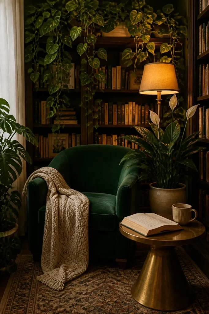 A luxurious bathroom with lush green ferns and trailing plants creating a spa-like atmosphere.