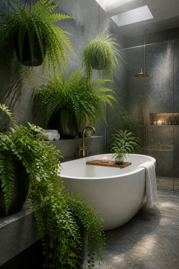 A stylish grouping of various houseplants at different heights creating a lush focal point.