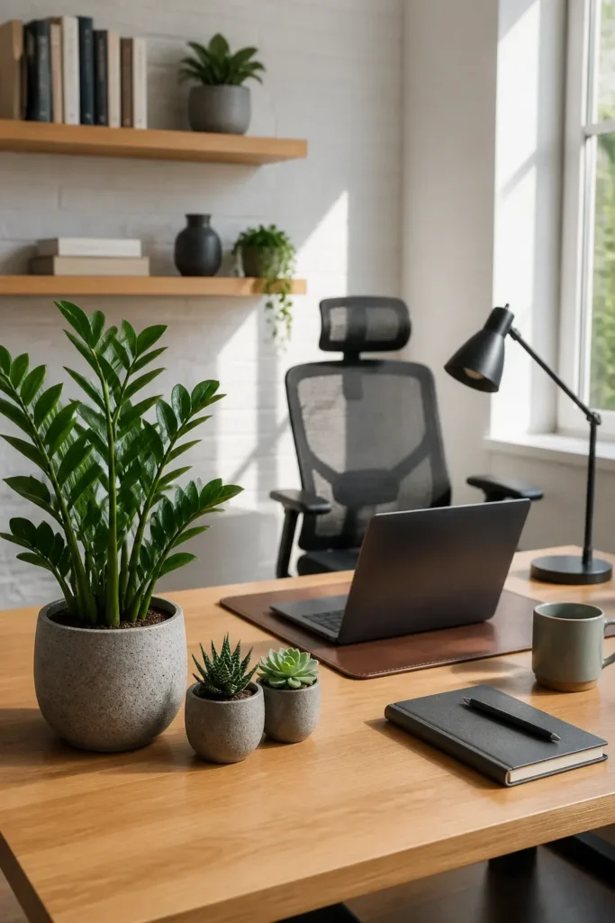 A stylish grouping of various houseplants at different heights creating a lush focal point.