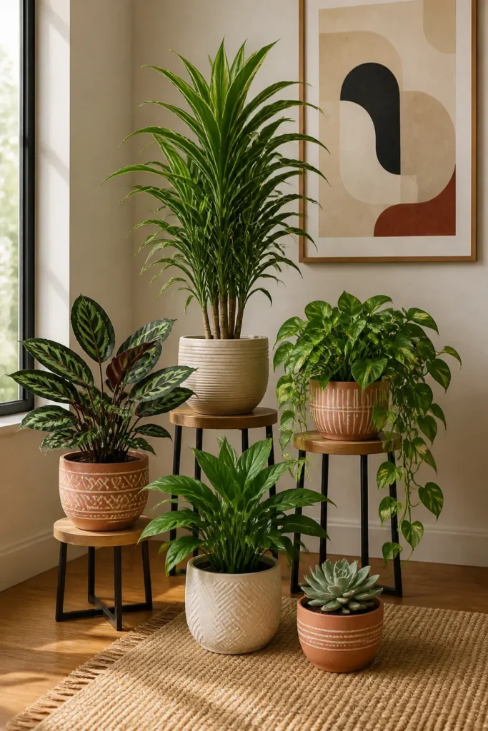A stylish grouping of various houseplants at different heights creating a lush focal point.
