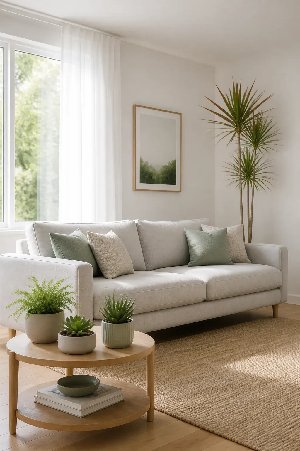 A bright living room featuring a gray sofa with a tall slender tree in the corner and small plants on a side table.