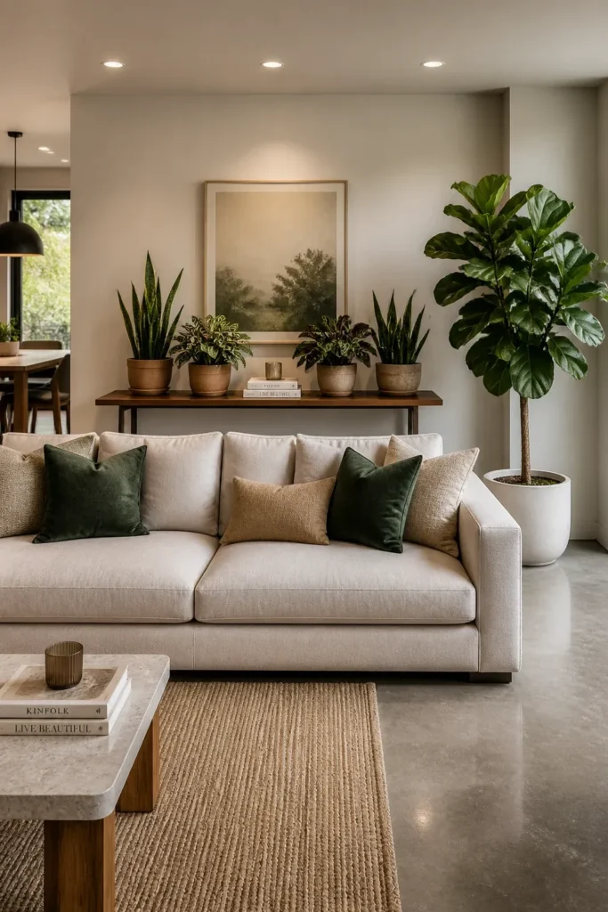 A console table behind a sofa filled with various green plants to create a lush backdrop.
