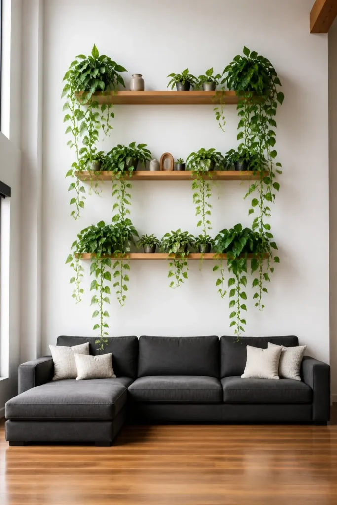 Floating shelves above a gray sofa featuring trailing green plants that cascade down the wall.