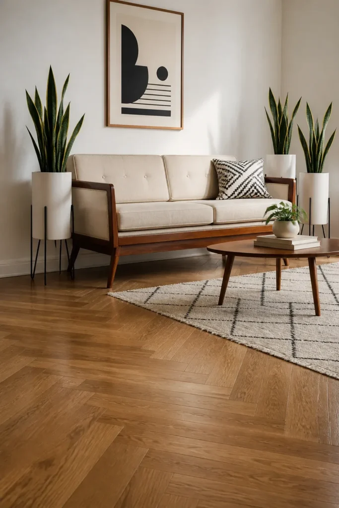 Plants on thin-legged stands and in slender pots placed next to a cream-colored sofa.