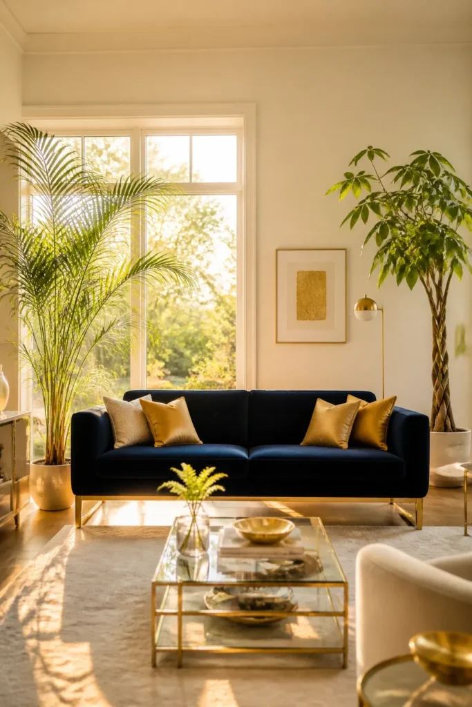 An airy living room with a navy sofa and feathery palm plants that allow light and views to pass through.