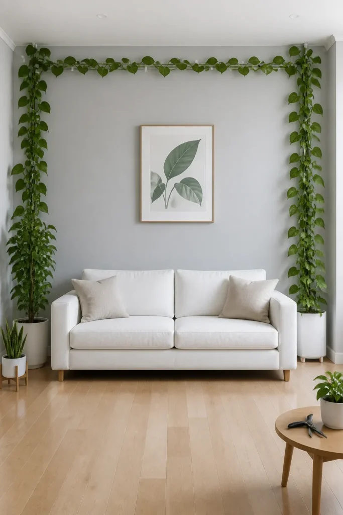 A tidy living room with a white sofa and neatly pruned plants guided along the wall for a clean look.