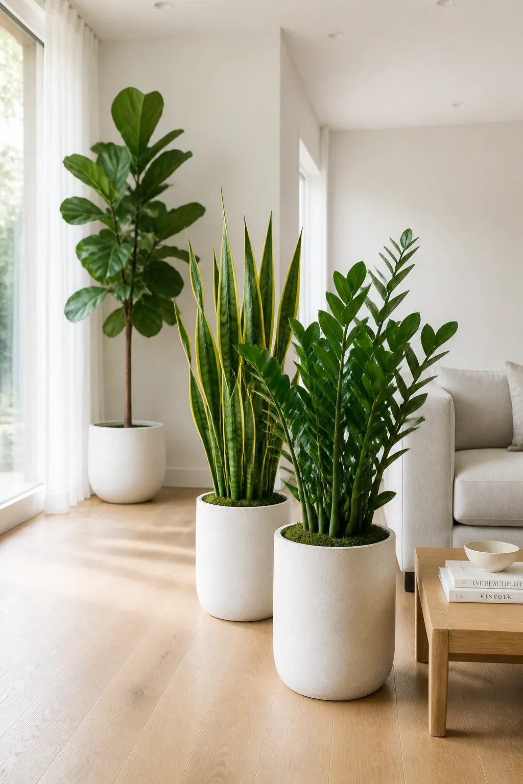 Vertical snake plants and a fiddle leaf fig in a bright, minimalist modern living room.