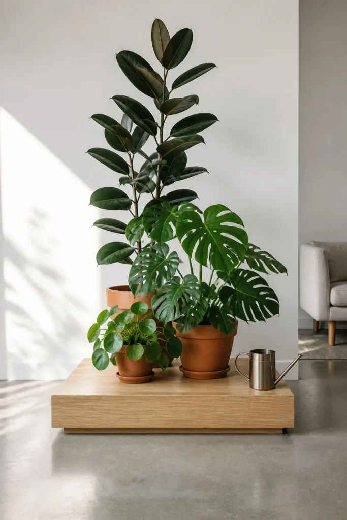 A curated group of three indoor plants of varying heights in a clean, modern room.