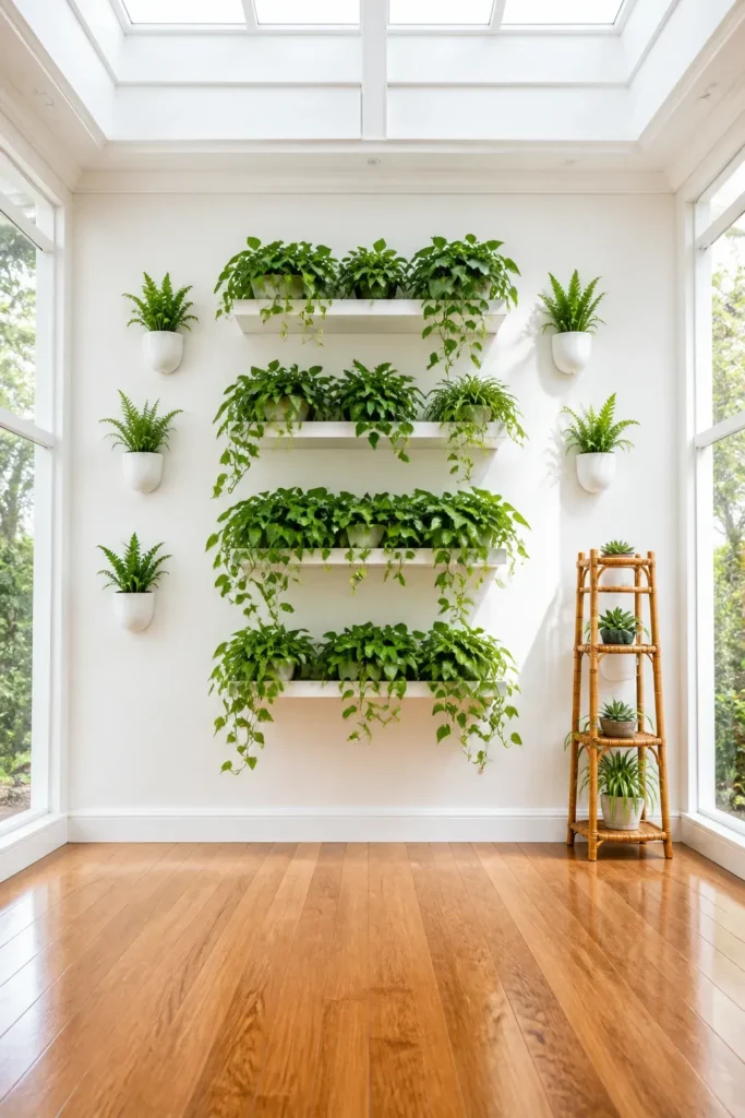 Wall-mounted plants and floating shelves in a room with a completely clear floor.