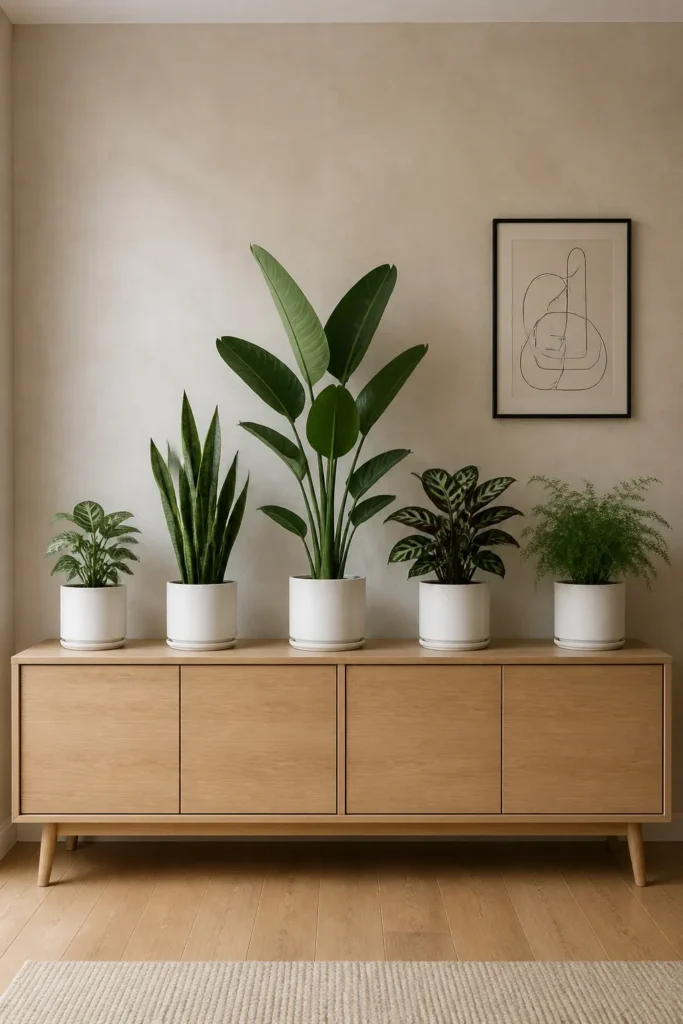 A row of different indoor plants in identical white ceramic pots on a wooden sideboard.