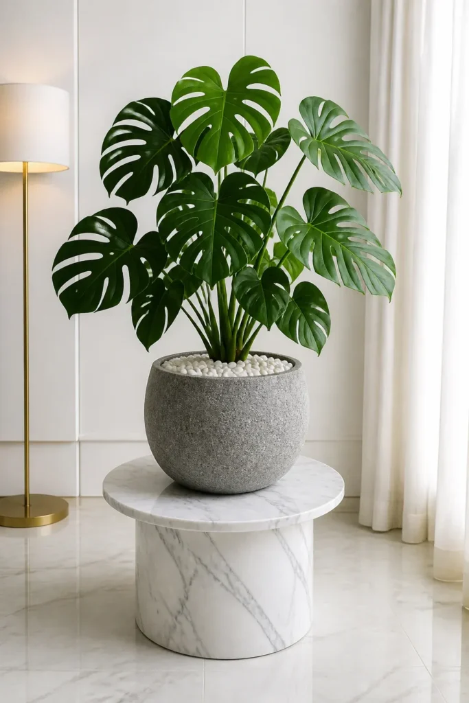 A plant in a stone pot with white decorative pebbles covering the soil on a marble table.