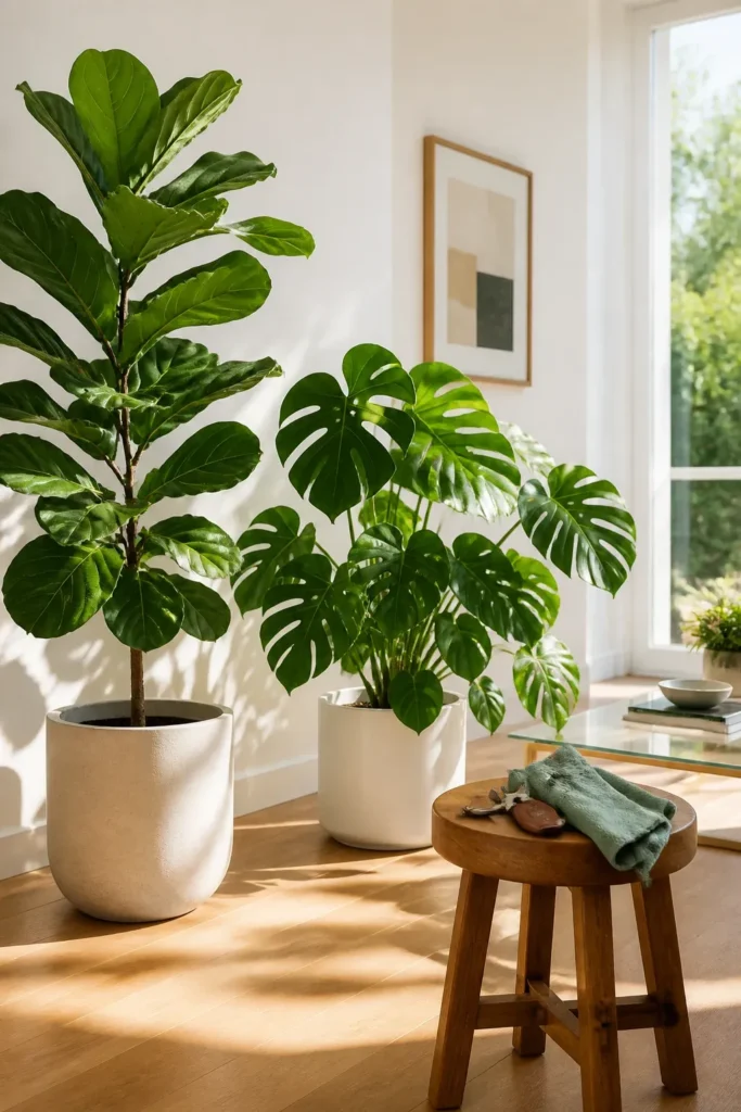 Glossy, healthy indoor plants with shiny leaves in a bright, clean modern room.