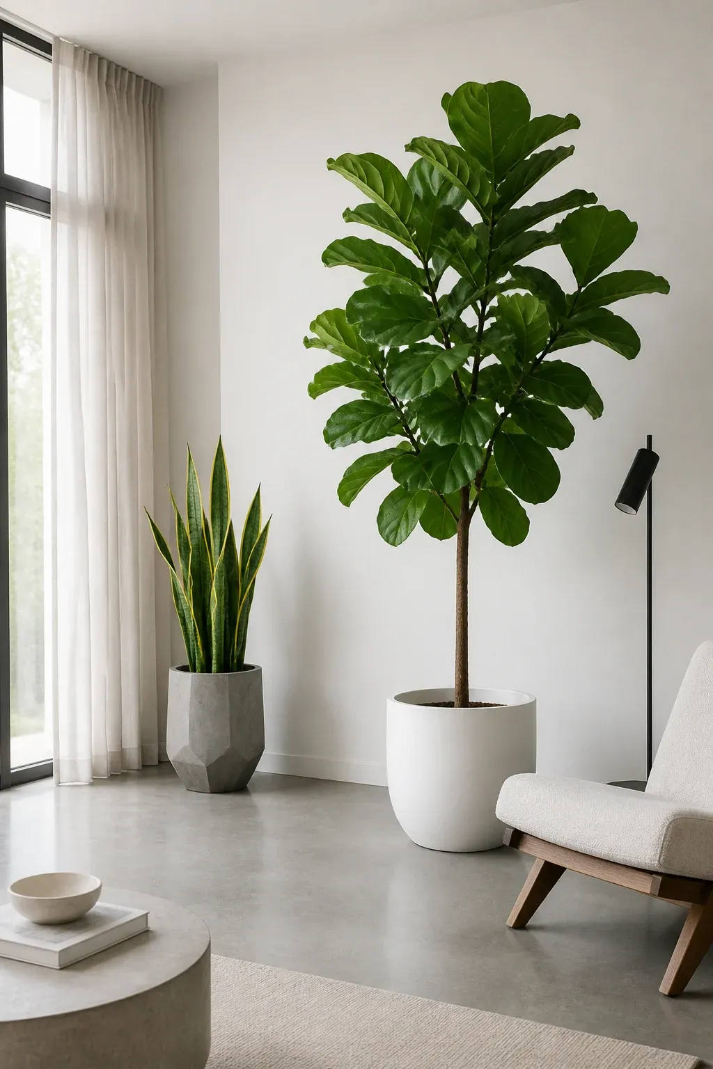 A tall Fiddle Leaf Fig and Snake Plant in a clean, minimalist white living room.