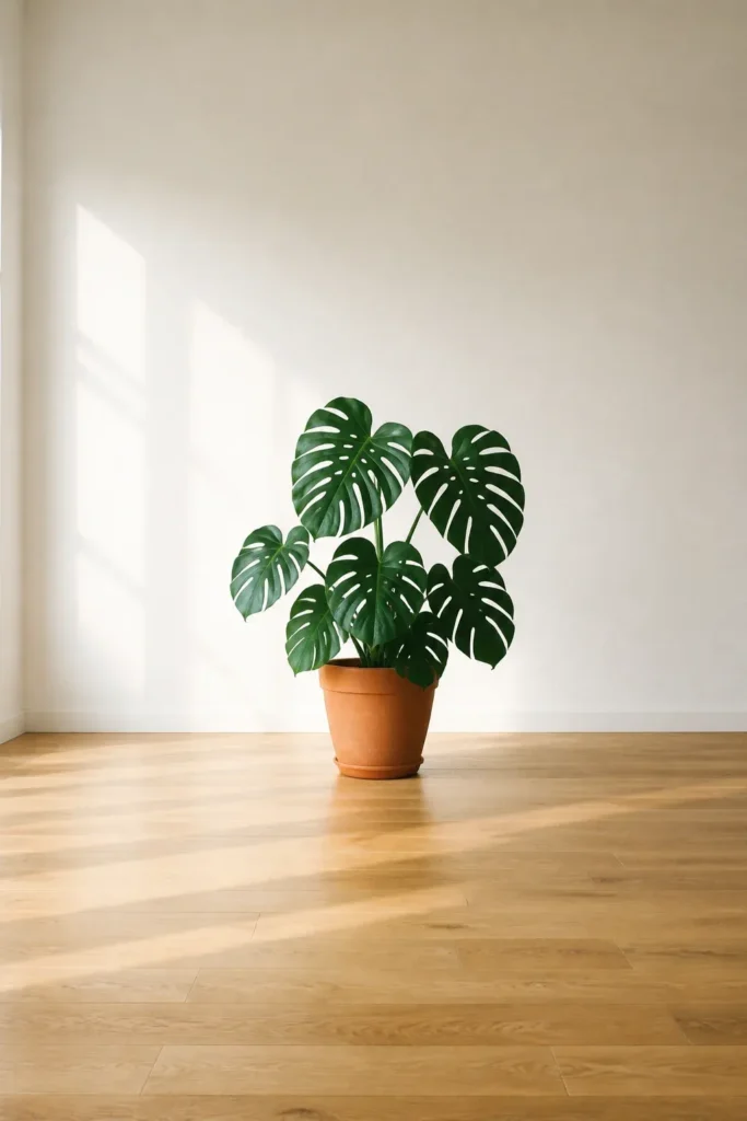 A single Monstera plant in a terracotta pot centered against a large empty white wall.