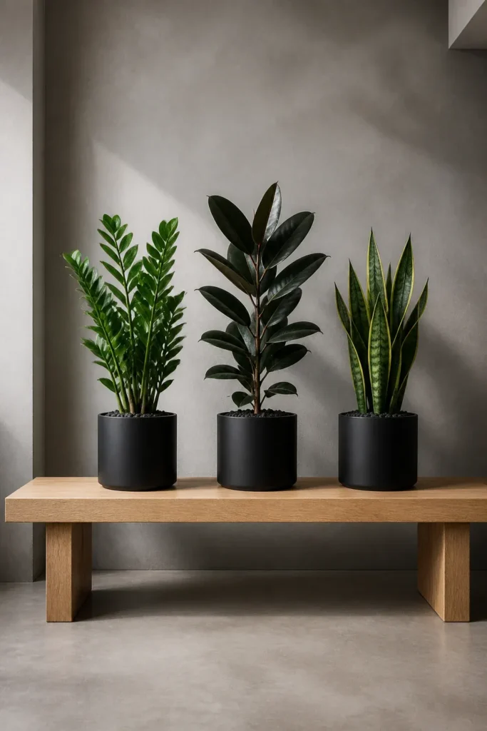 Three different plants in identical matte black pots arranged on a light wood bench.
