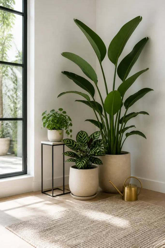 A tidy group of indoor plants of different heights arranged in a bright room corner.